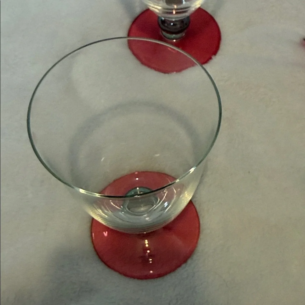 Crate & Barrel Red Base Wine Glass Set with Green Accents - Like New
